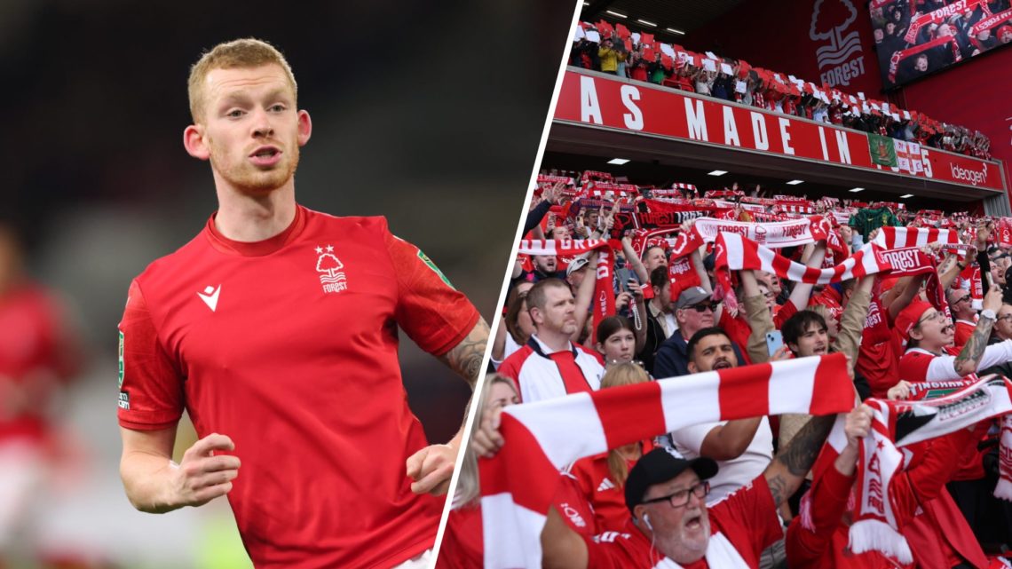 A split image of Nottingham Forest midfielder Lewis O'Brien (L) and Nottingham Forest fans (R)