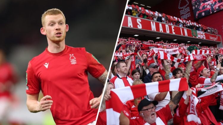 A split image of Nottingham Forest midfielder Lewis O'Brien (L) and Nottingham Forest fans (R)