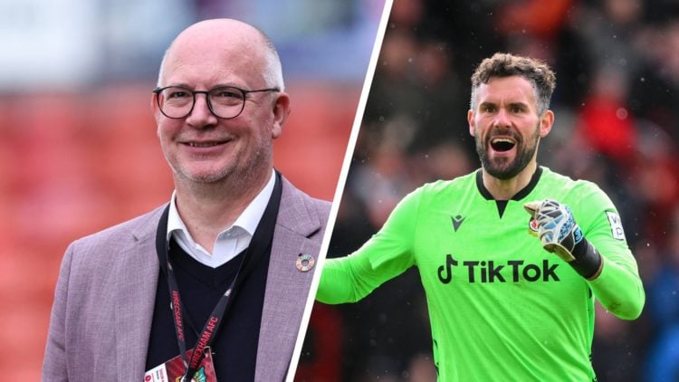 Shaun Harvey smiles before Wrexham AFC v Charlton Athletic FC in the Sky Bet League One clash. Ben Foster during Wrexham v Notts County - Vanarama ...