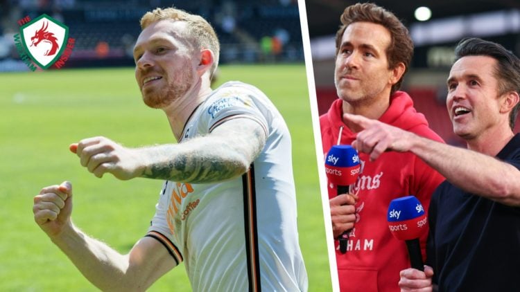 Split image of Swansea City midfielder Lewis O'Brien, and Wrexham co-owners Ryan Reynolds and Rob Mac.