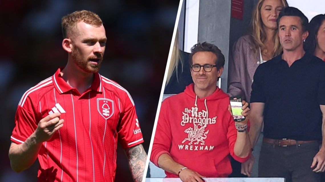 Lewis O'Brien of Nottingham Forest (left), Rob McElhenney and Ryan Reynolds co-owners of Wrexham react (right)