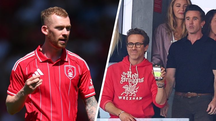 Lewis O'Brien of Nottingham Forest (left), Rob McElhenney and Ryan Reynolds co-owners of Wrexham react (right)