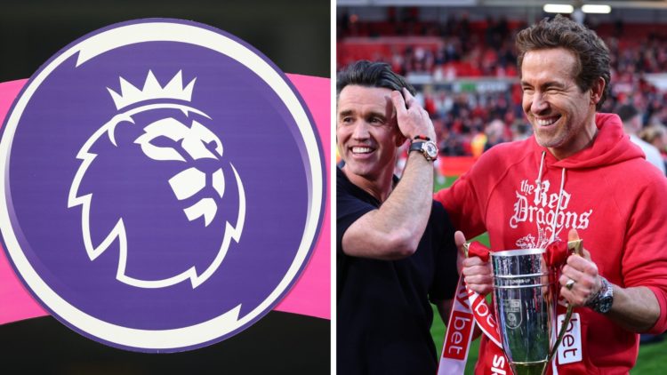 Rob McElhenney and Ryan Reynolds co-owners of Wrexham with the promotion trophy during the Sky Bet League One match between Wrexham AFC and Charlto...