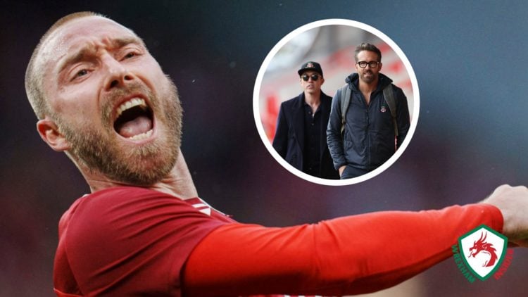 Denmark's Christian Eriksen celebrates a goal. Inset a picture of Wrexham co-owners Rob Mac and Ryan Reynolds.