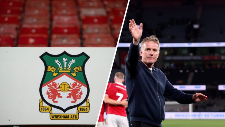 The official Wrexham AFC club badge displayed in front of empty seats before the Vanarama National League match between Wrexham and Woking. Phil Pa...