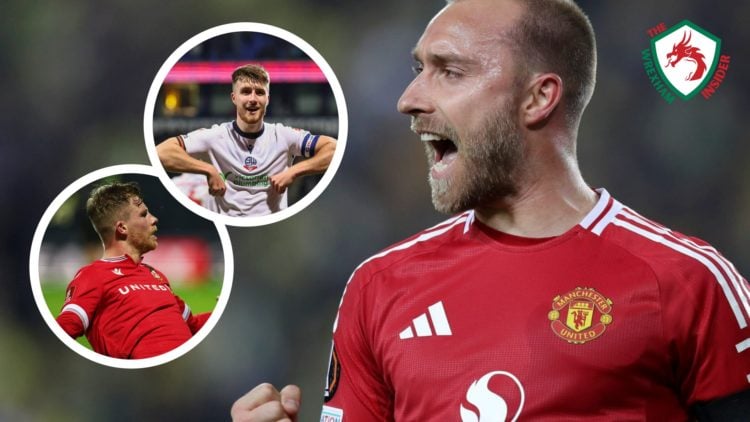 Manchester United player Christian Eriksen celebrates a goal. Inset, pictures of Wrexham player Andy Cannon and Bolton Wanderers player George Thom...