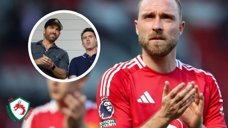 Manchester United player Christian Eriksen applauds the fans. Inset a picture of Wrexham co-owners Ryan Reynolds and Rob Mac.
