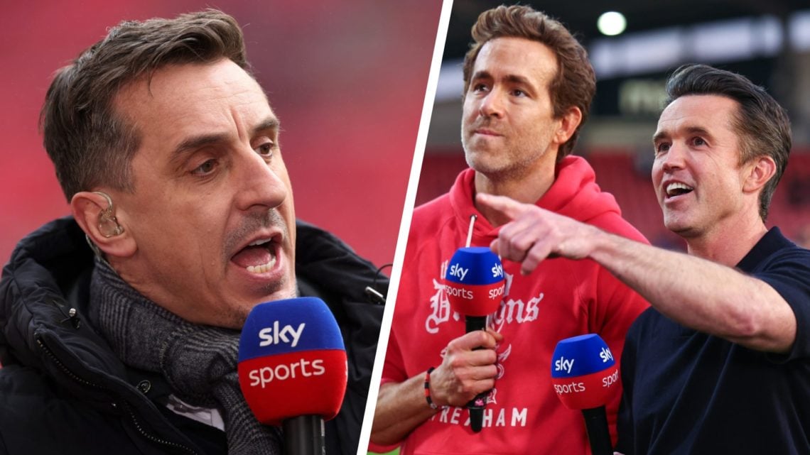 Sky Sports pundit, Gary Neville speaks (left), Ryan Reynolds and Rob McElhenney co owners of Wrexham are interviewed (right)