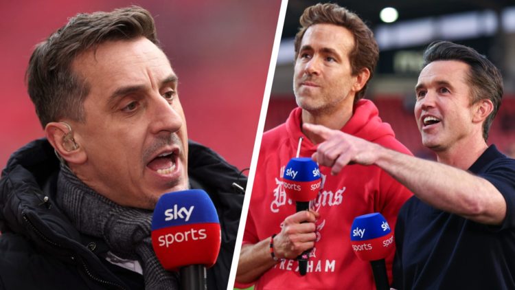 Sky Sports pundit, Gary Neville speaks (left), Ryan Reynolds and Rob McElhenney co owners of Wrexham are interviewed (right)