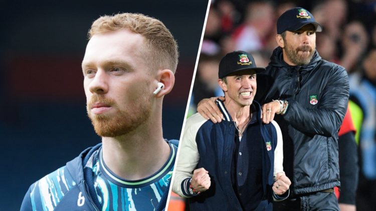 Lewis O'Brien of Swansea City (left), US actor and Wrexham owner Rob McElhenney (L) and US actor and Wrexham owner Ryan Reynolds (R)