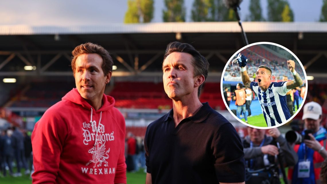 Wrexham owners Rob Mac and Ryan Reynolds. Inset, Juan Portilla.