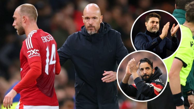 Erik ten Hag, Manager of Manchester United, interacts with Christian Eriksen of Manchester United and Mauricio Pochettino, Manager of Tottenham Hot...