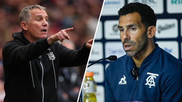 A split image of Wrexham boss Phil Parkinson (L) and Talleres manager Carlos Tevez (R)