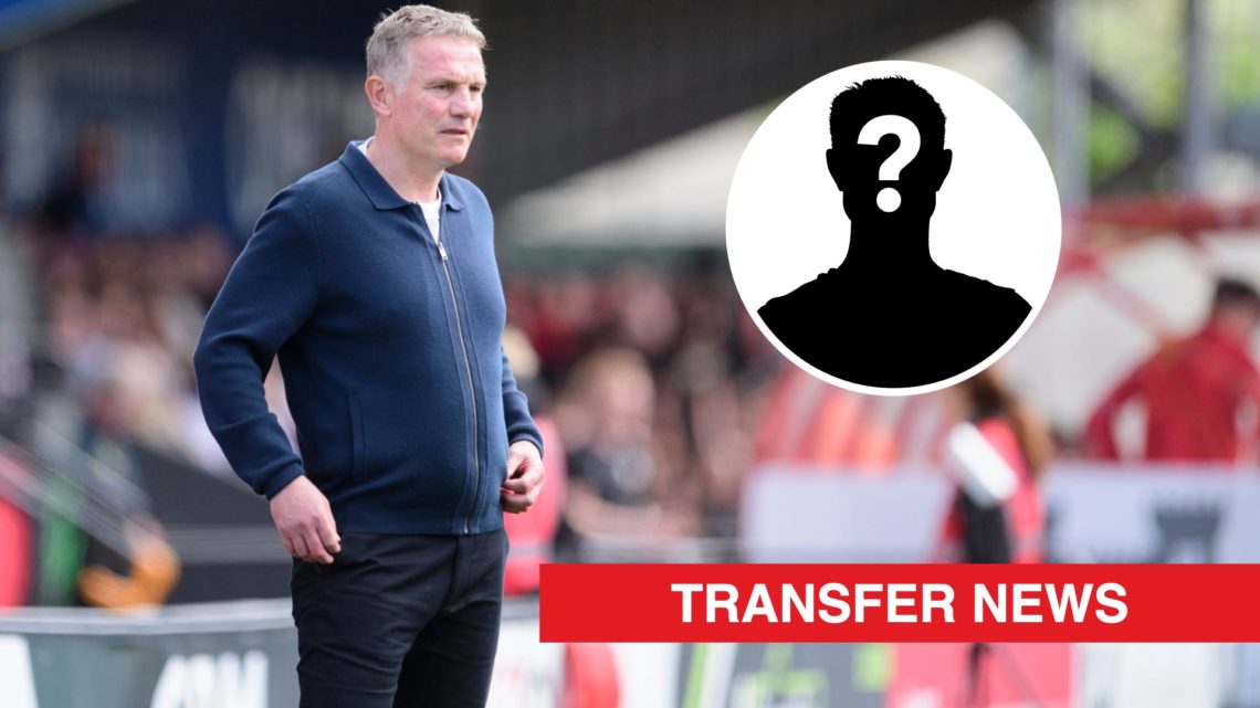 Wrexham boss Phil Parkinson looks on against Lincoln City. Inset, a mystery player icon and a red banner with 'transfer news' in white text.