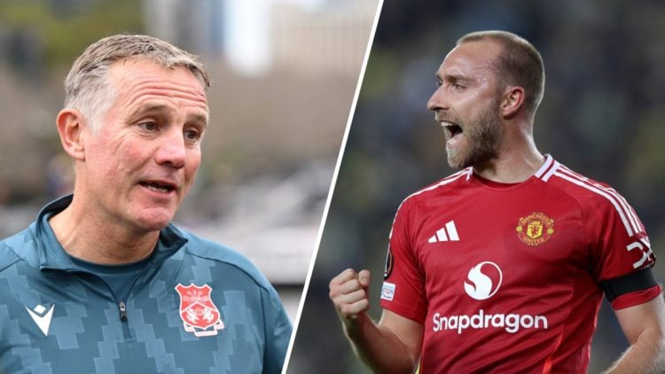 A split image of Wrexham boss Phil Parkinson (L) and Manchester United midfielder Christian Eriksen (R)