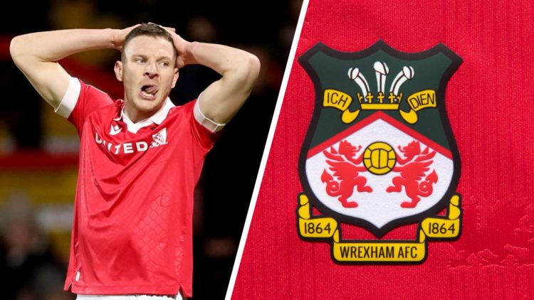 Paul Mullin during Wrexham AFC v Stevenage FC - Sky Bet League One. The official club badge of Wrexham AFC on a home shirt.
