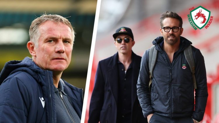 Split image of Wrexham manager Phil Parkinson, and the Wrexham co-owners Ryan Reynolds and Rob Mac before a game.