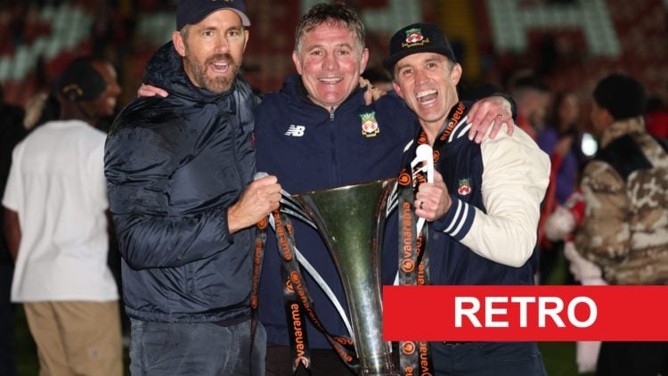 Phil Parkinson celebrates National League promotion with Wrexham owners Ryan Reynolds and Rob McElhenney.
