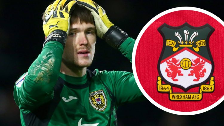 Swansea City goalkeeper Freddie Woodman holds his head. Inset a picture of the official club badge of Wrexham.