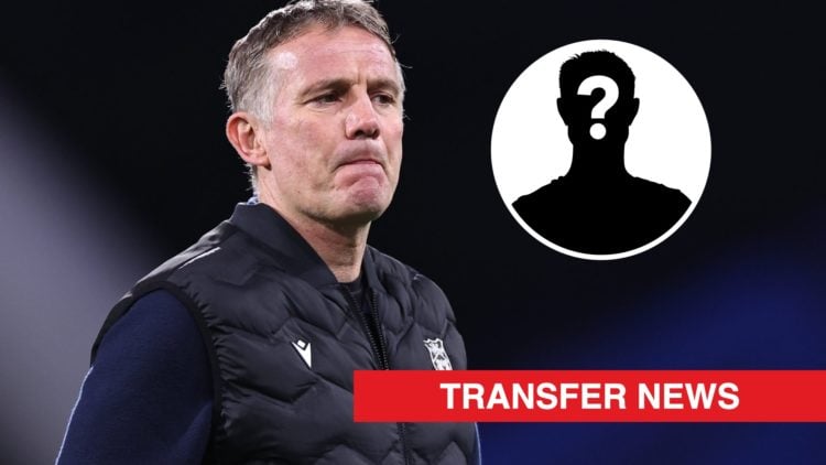 Wrexham boss Phil Parkinson looks on against Huddersfield Town. Inset, a mystery player icon and a red banner with 'transfer news' in white text.