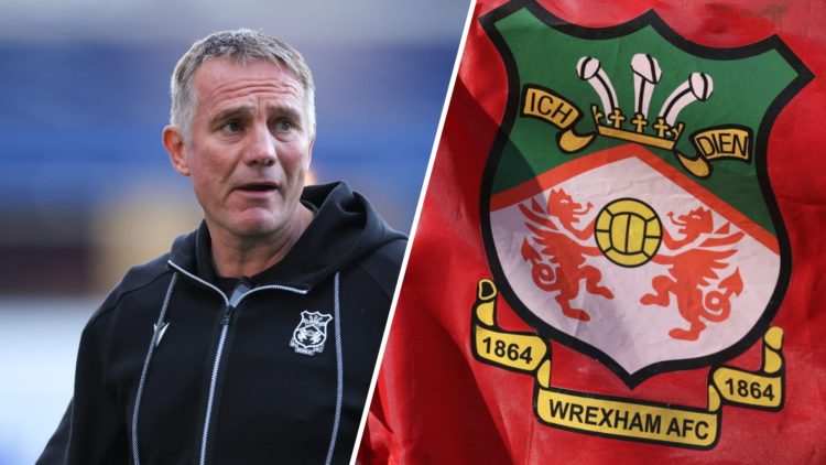 A split image of Wrexham boss Phil Parkinson before facing Birmingham City (L) and a Wrexham corner flag (R)