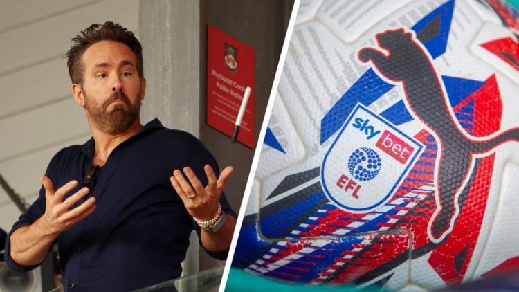 Ryan Reynolds during Wrexham v Boreham Wood - Vanarama National League. A detailed view of the SkyBet and EFL league logo on a white Puma match bal...