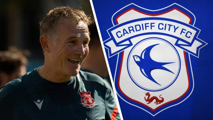 Phil Parkinson reacts during a Wrexham AFC training session. Detailed view of a Cardiff City badge inside of the stadium prior to kick off during t...