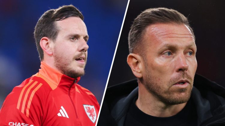 A split image of Wales goalkeeper Danny Ward (L) and Wales boss Craig Bellamy (R)