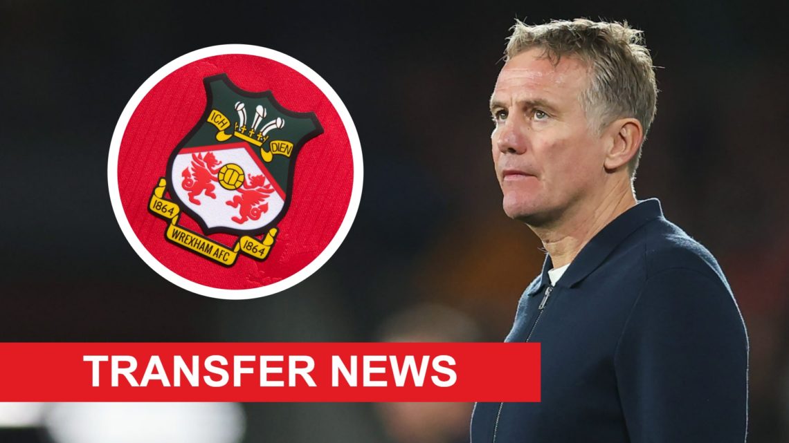 Wrexham manager Phil Parkinson during a match. Inset a picture of the official club badge of Wrexham.