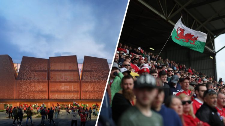 A split image of the new Wrexham Kop plans (L) and Wrexham fans against Stockport County (R)