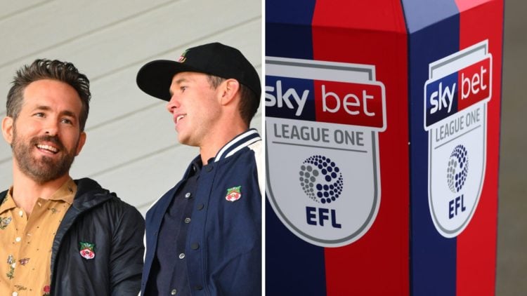Rob McElhenney and Ryan Reynolds during Wrexham v Notts County - Vanarama National League. Detailed view of the SkyBet League One logo during the S...