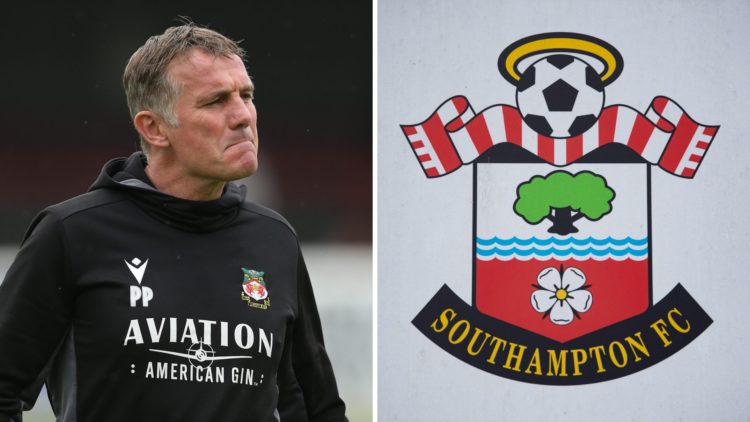 Phil Parkinson looks on prior to the Vanarama National League match between Dagenham and Redbridge and Wrexham. The official club badge of Southamp...