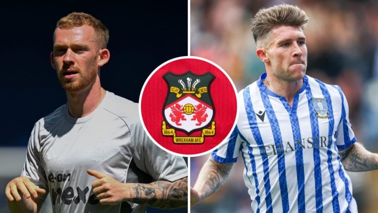 Split image of Lewis O'Brien (L) and Josh Windass (R) with Wrexham badge inset.