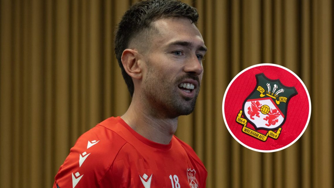 Wrexham striker Ryan Hardie. Inset, Wrexham badge.