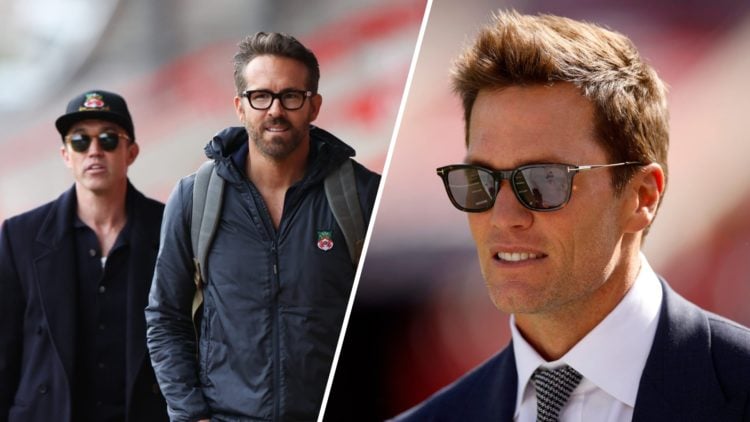 A split image of Rob McElhenney and Ryan Reynolds arriving at Wrexham (L) and NFL legend Tom Brady (R)