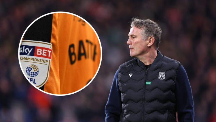 Wrexham manager Phil Parkinson looks on from the touchline. Inset a picture of the official EFL Championship logo on the side of a player's shirt.
