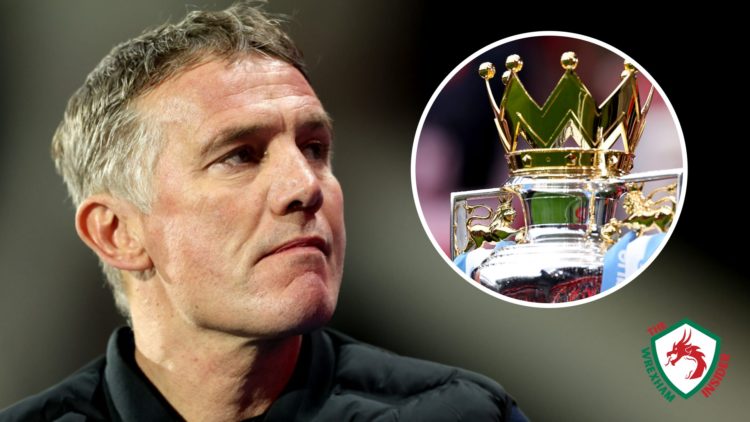 Wrexham manager Phil Parkinson looks into the distance. Inset a picture of the official Premier League trophy.