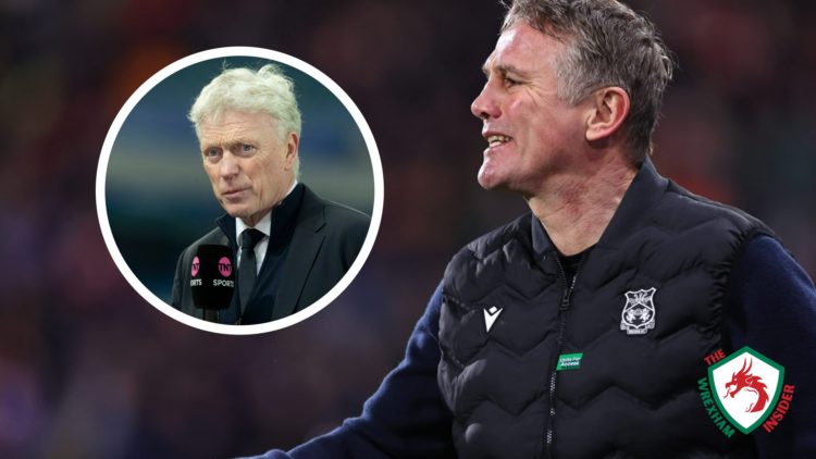 Wrexham manager Phil Parkinson shouts on the touchline. Inset a picture of David Moyes appearing on TV.