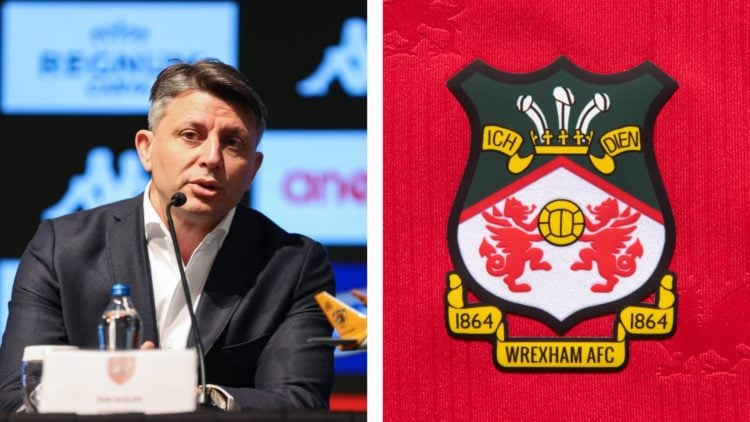Split image of Hull City vice-chairman Tan Kesler during a press conference, and the official club badge of Wrexham AFC.