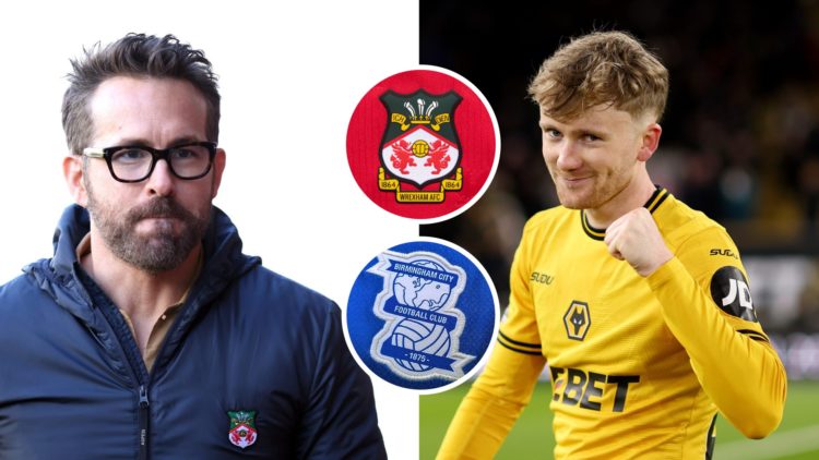 Ryan Reynolds looks on during the Vanarama National League match between Wrexham and Notts County. Tommy Doyle celebrates after Wolverhampton Wande...