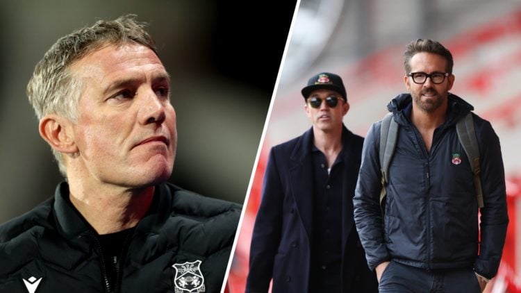 A split image of Wrexham boss Phil Parkinson looking on against Huddersfield Town (L) and Rob McElhenney alongside Ryan Reynolds (R)