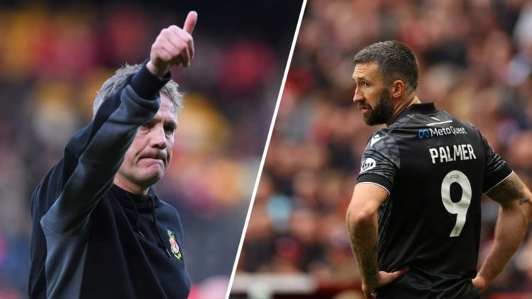 A split image of Wrexham boss Phil Parkinson gesturing to fans against Notts County (L) and Wrexham striker Ollie Palmer in action against Charlton...
