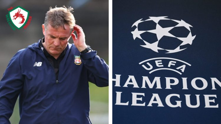 Split image of Wrexham manager Phil Parkinson during a training session, and the official logo of the UEFA Champions League tournament.