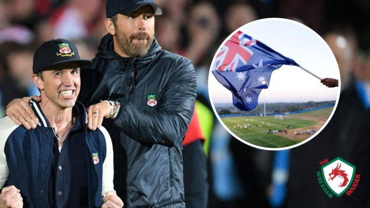 Wrexham co-owners Ryan Reynolds and Rob McElhenney celebrate promotion from the National League. Inset a picture of the Australian flag being waved.