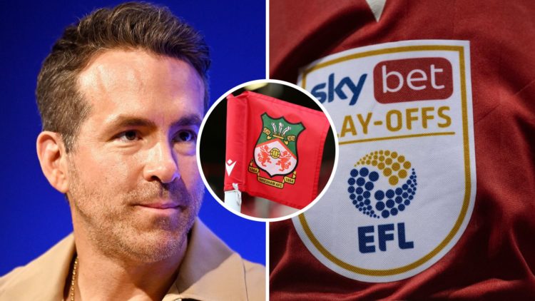 Ryan Reynolds speaks the 2024 Forbes Iconoclast Summit at Cipriani Wall Street. The official Sky Bet EFL Play Off badge on the sleeve of a Nottingh...