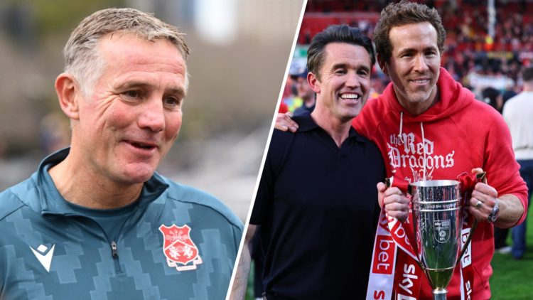 A split image of Wrexham boss Phil Parkinson (L) and Wrexham co-chairmen Rob McElhenney and Ryan Reynolds