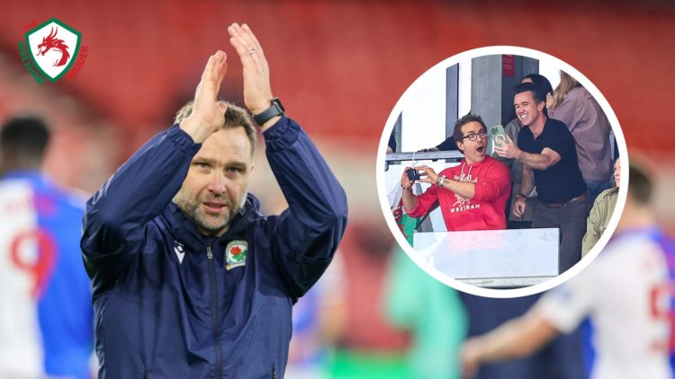 Blackburn Rovers manager John Eustace applauds the fans. Inset a picture of Wrexham owners Rob McElhenney and Ryan Reynolds celebrate promotion to ...