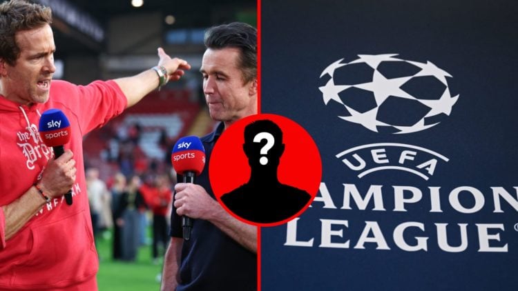 Ryan Reynolds and Rob McElhenney co owners of Wrexham. The official logo of the UEFA Champions League.