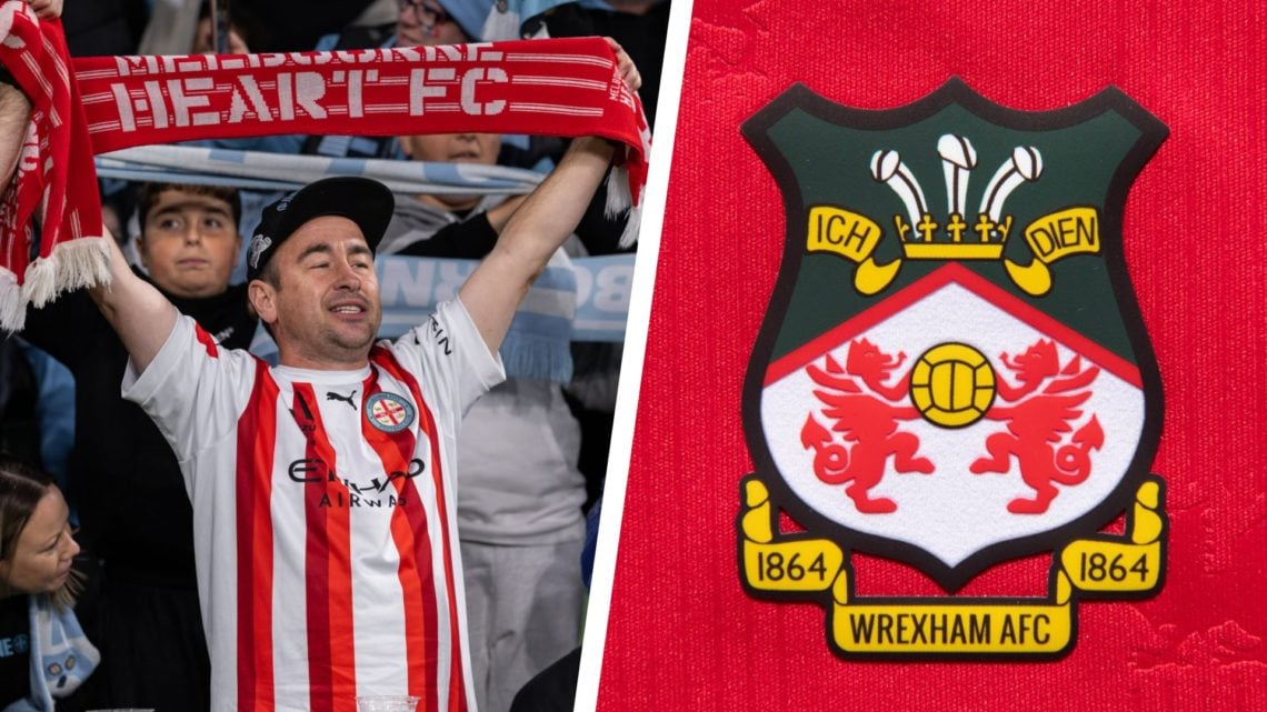 Split image of a Melbourne Victory supporter holding up a scarf, and the official club badge of Wrexham AFC.