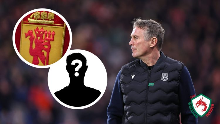 Wrexham manager Phil Parkinson looks on from the touchline. Inset a picture of the official club badge of Manchester United as seen on a club jerse...